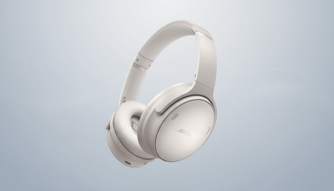 A pair of light gray Bose noise-canceling headphones, seen at a slight angle, with the Bose logo visible on the earcups. The headphones are presented on a professional light blue and gray gradient background with subtle wave patterns.