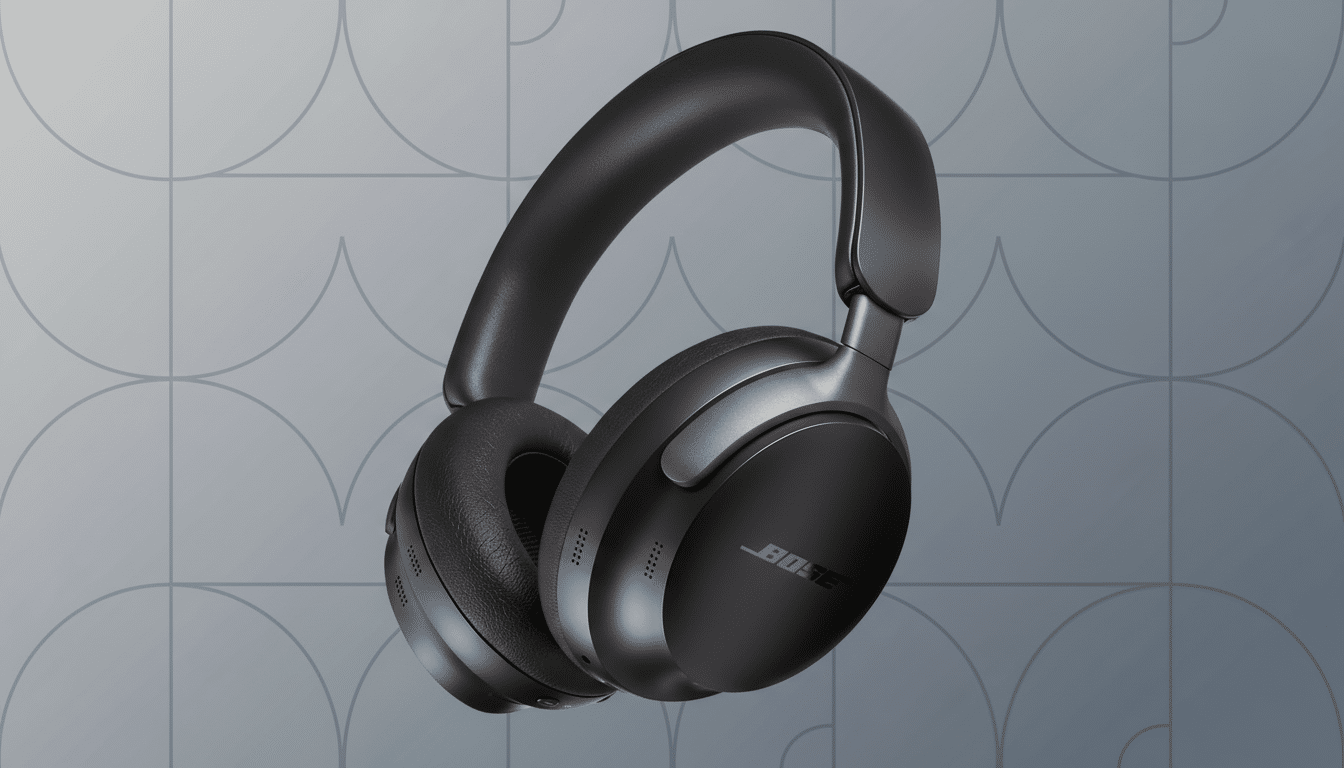 A pair of black Bose noise-cancelling headphones on a professional gray background with subtle geometric patterns.