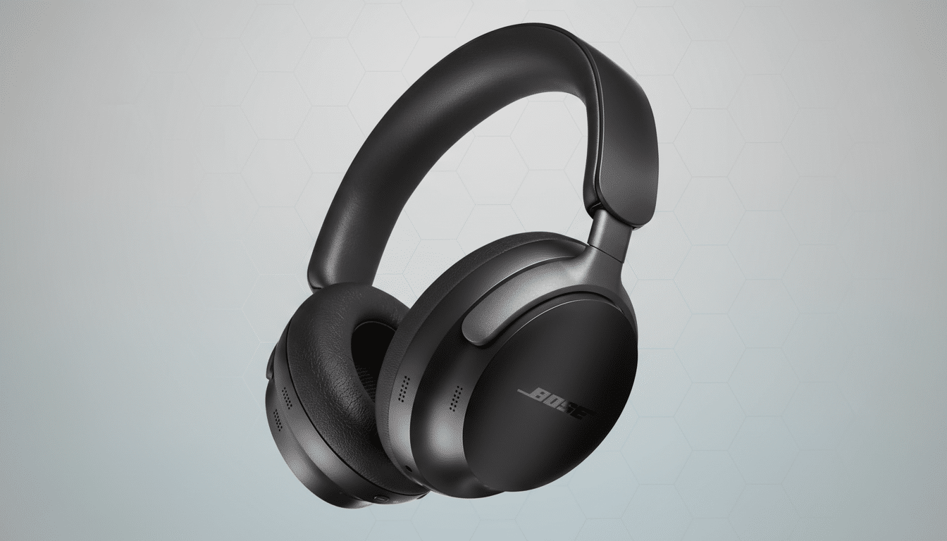 A pair of black Bose noise-cancelling headphones on a professional flat design background with soft patterns and gradients.