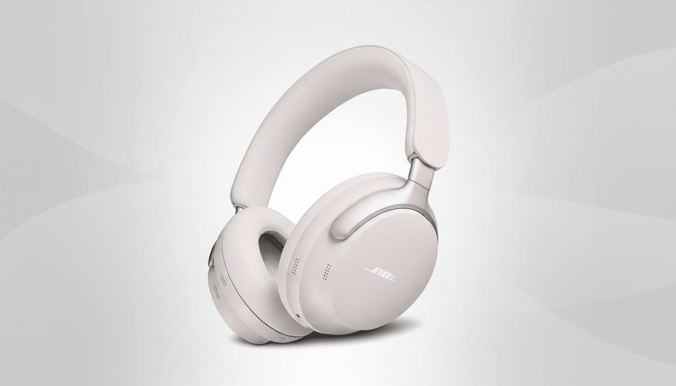 A pair of light pink Bose headphones with silver accents, presented on a subtle gradient background.