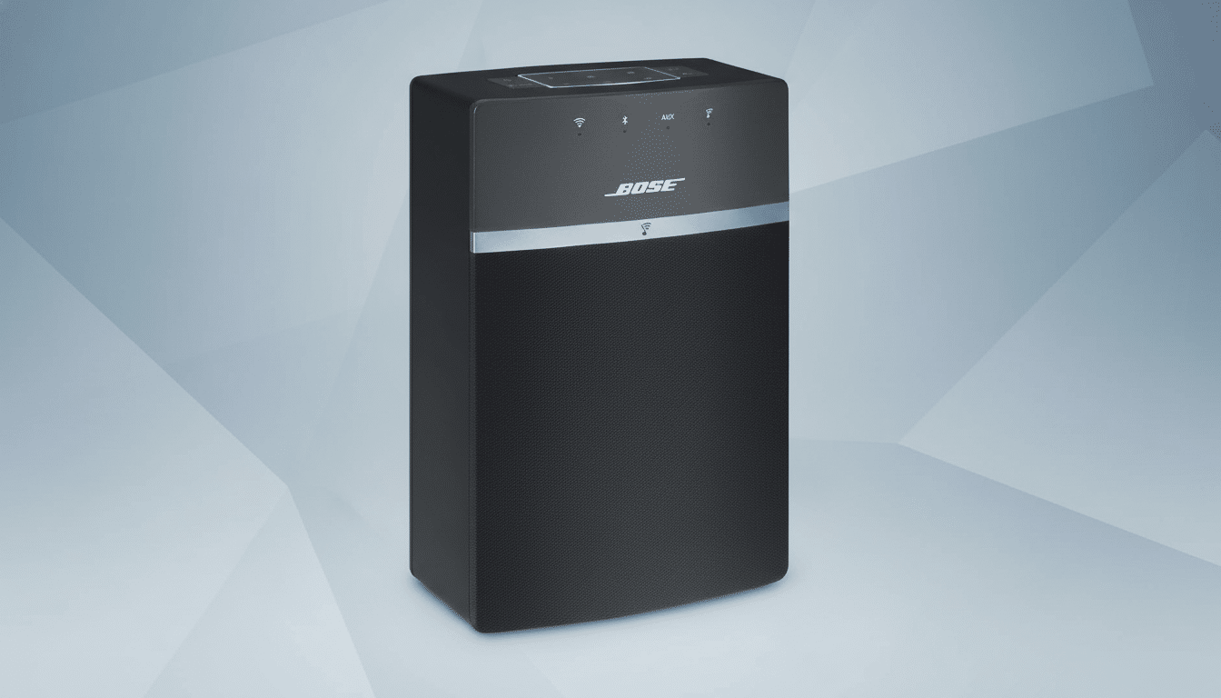 A black Bose speaker with a silver accent band, presented on a professional flat design background with soft geometric patterns in a 16:9 aspect ratio.