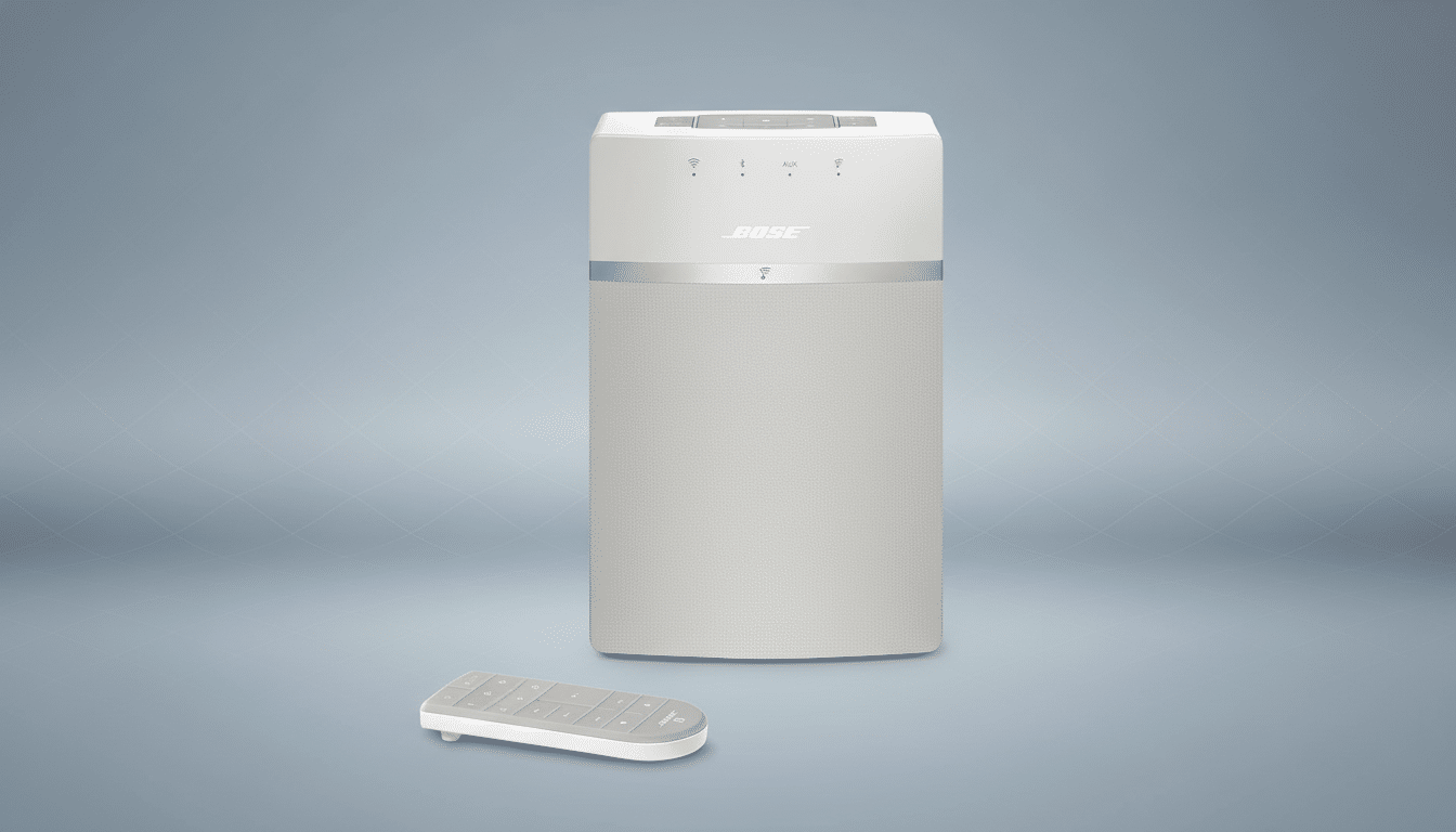 A white Bose speaker and its remote control are presented on a professional flat design background with soft patterns and gradients.