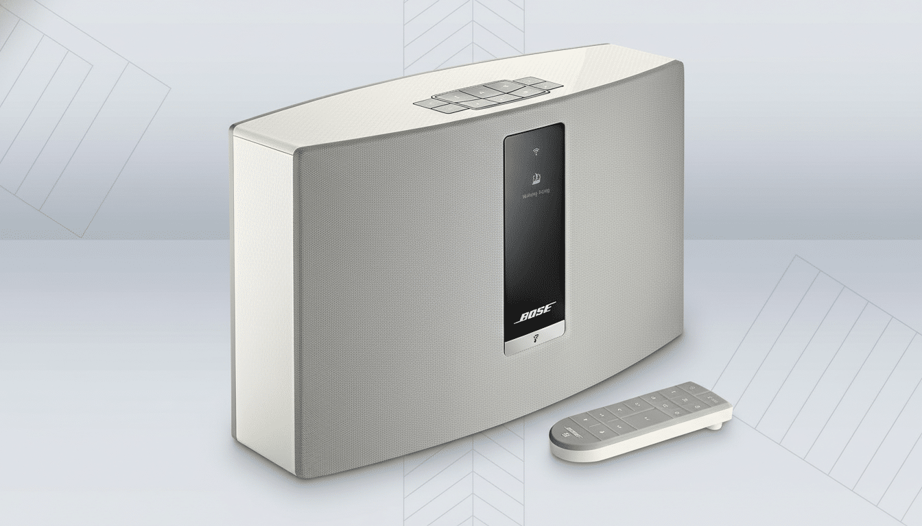 A white and gray Bose speaker with a remote control, set against a professional flat design background with soft patterns.
