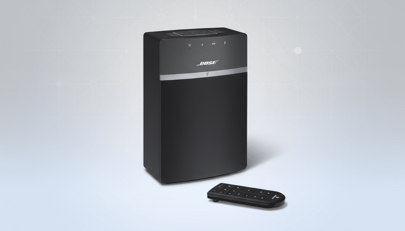 A black Bose speaker and a small black remote control are centered on a professional flat design background with soft patterns and a gradient.