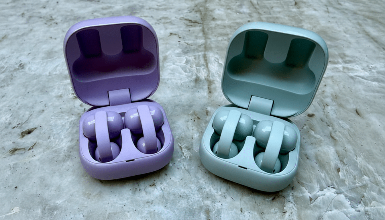 Two open earbud cases, one purple and one light blue, each containing a pair of matching wireless earbuds, resting on a textured gray surface.