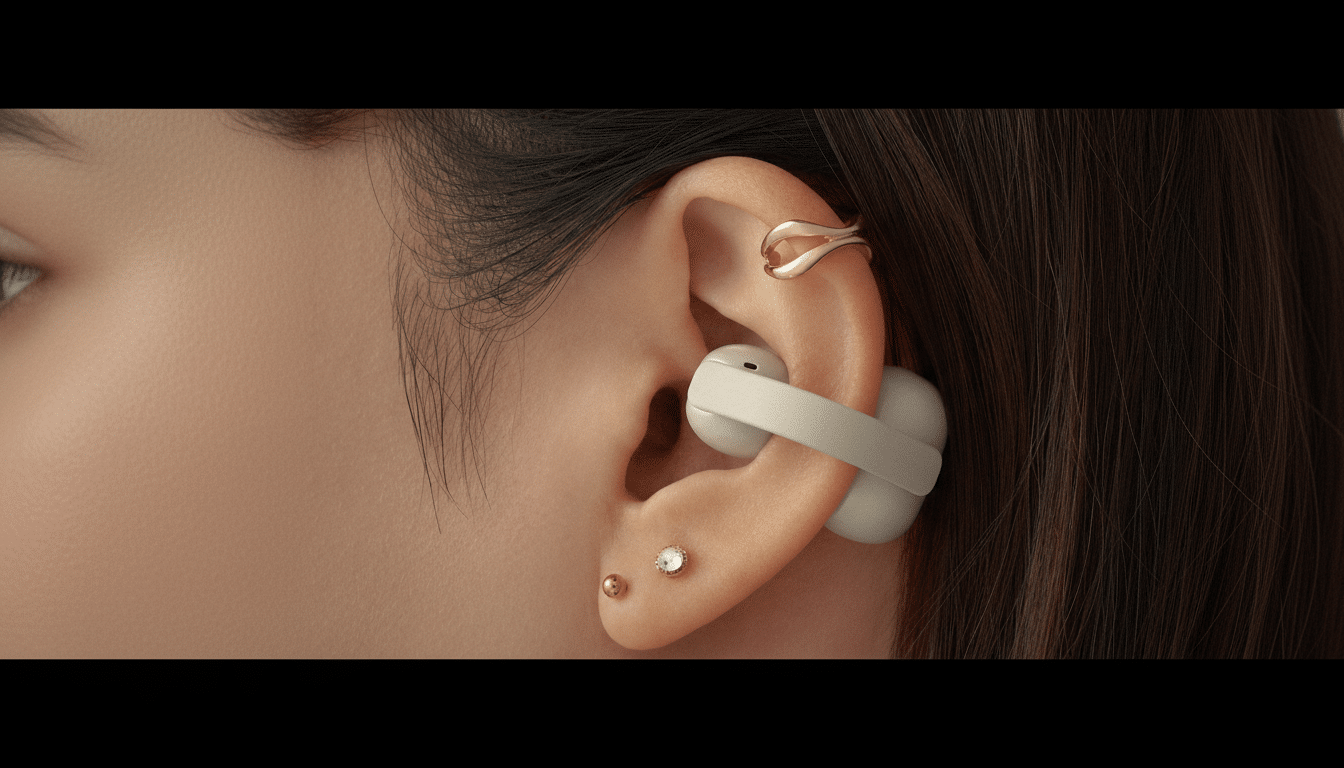 A close-up, professionally enhanced image of a persons ear, featuring a white earbud, a gold ear cuff, and two small ear piercings, resized to a 16:9 aspect ratio with the original background maintained.