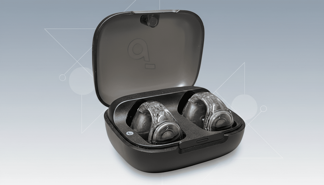 A pair of transparent, in-ear headphones in an open black charging case, presented on a professional flat design background with soft patterns and gradients.
