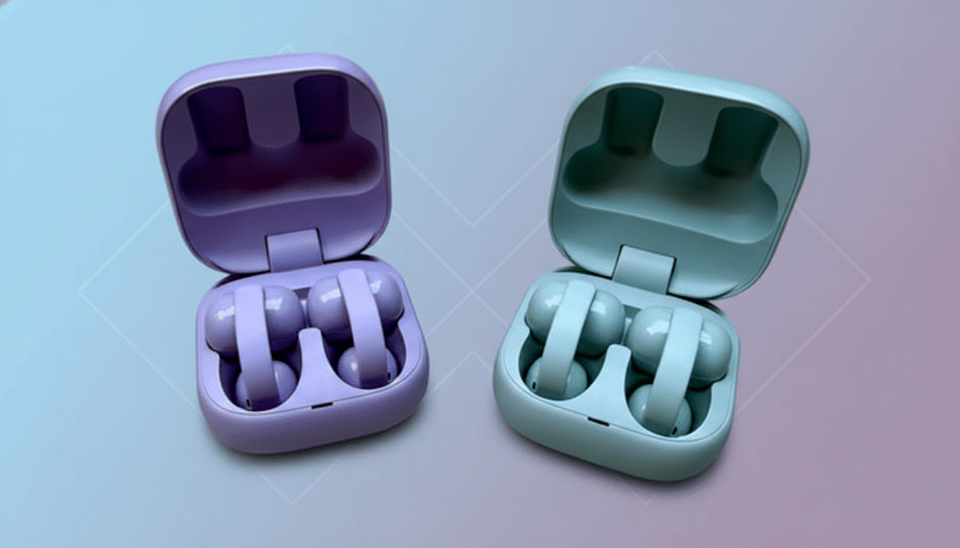 Two open earbud cases, one purple and one light blue, each containing a pair of matching wireless earbuds, set against a professional flat design background with soft gradients.