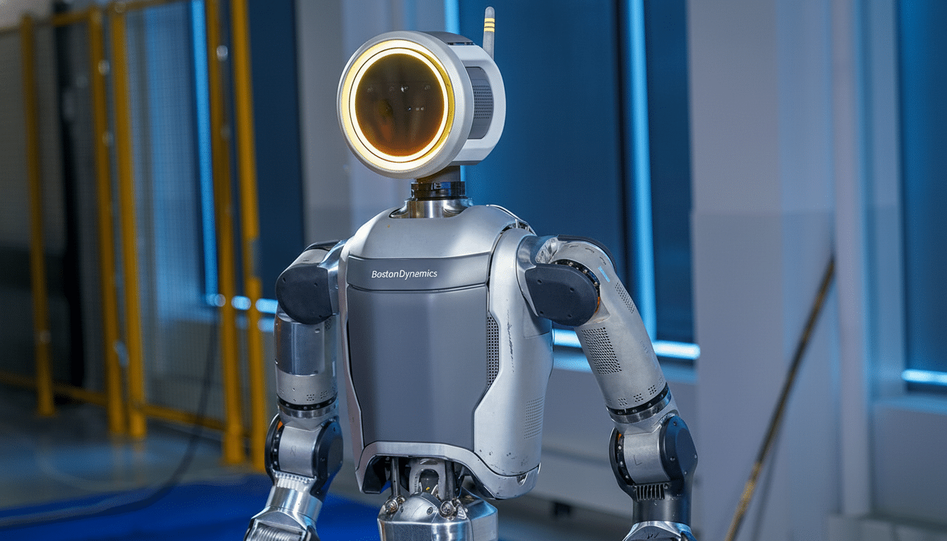 A Boston Dynamics robot with a glowing circular head and silver and gray body stands in a room with blue and yellow accents.