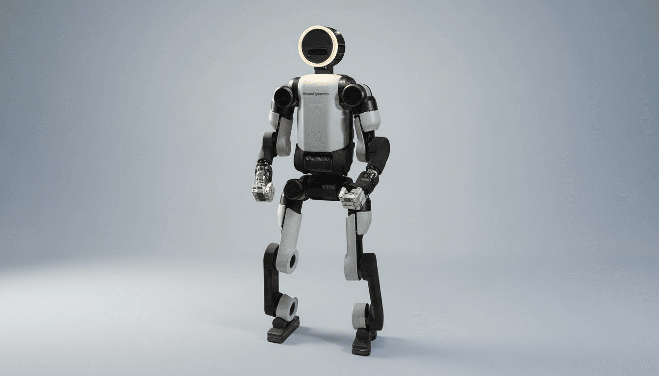 A Boston Dynamics robot standing upright with a professional flat design background.