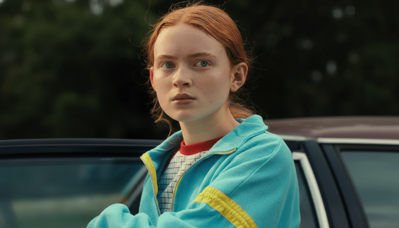 A young woman with red hair and a serious expression, wearing a blue and yellow jacket over a red and white patterned shirt, with a car and trees in the blurred background.