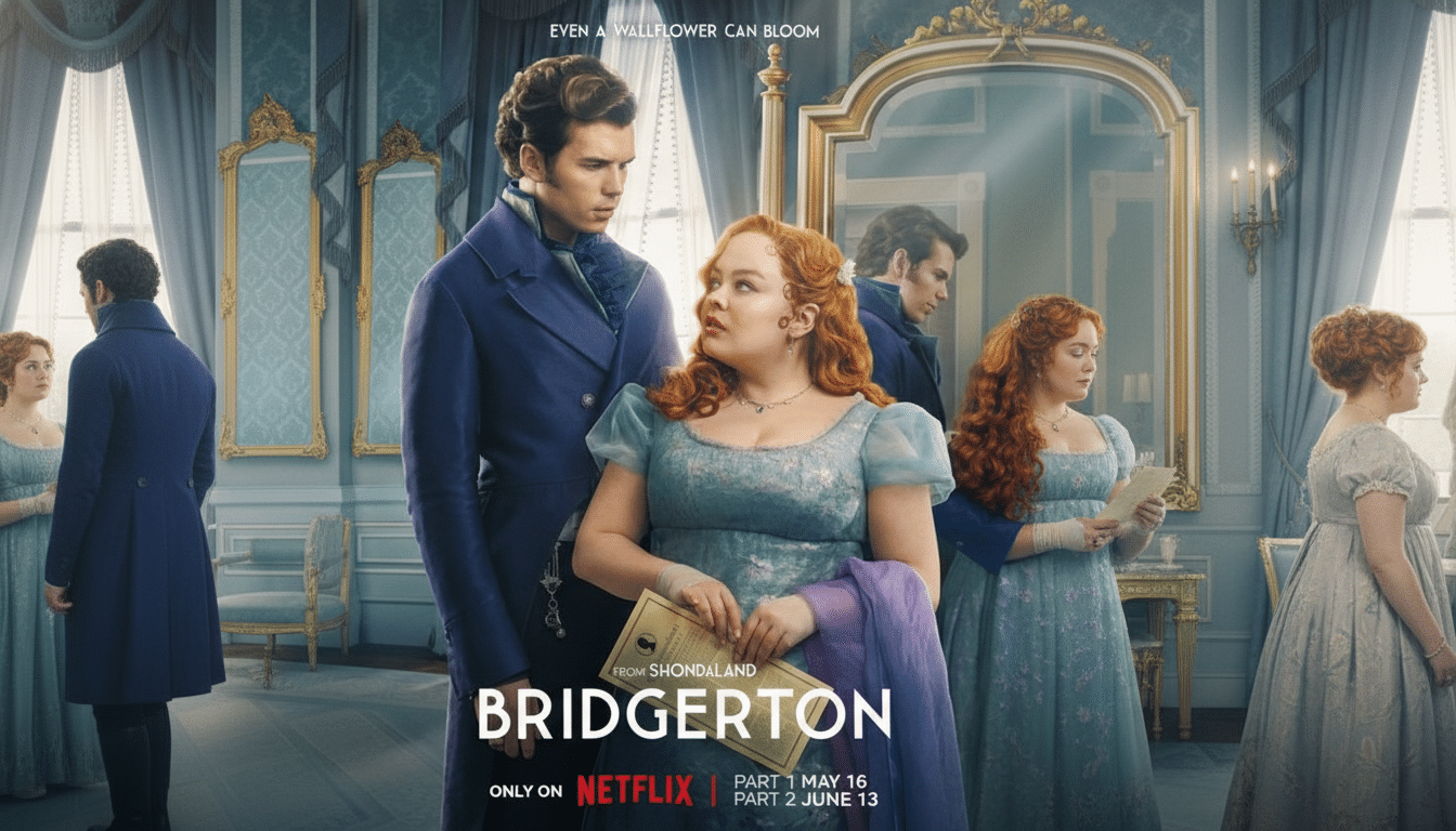 A promotional poster for Bridgerton, featuring Penelope Featherington and Colin Bridgerton in a grand room.