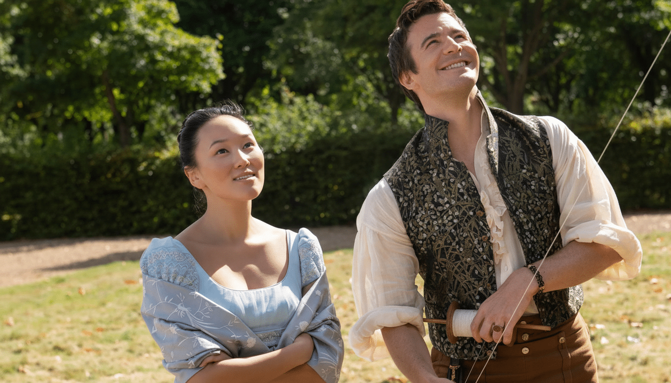 A man and a woman in period clothing stand outdoors, looking up and smiling. The man is holding a kite string.