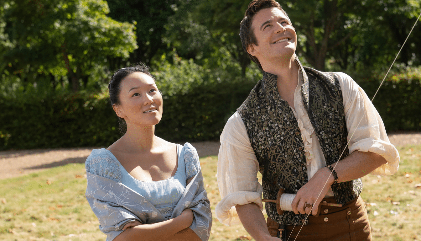 A man and a woman standing outdoors, looking up with smiles. The man is holding a string, possibly for a kite.