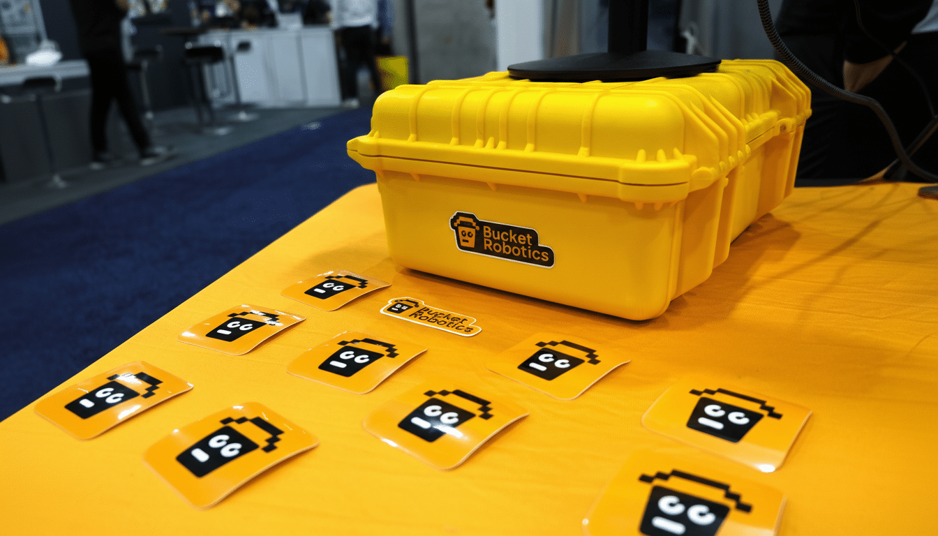 A yellow Pelican case with a Bucket Robotics sticker on it, surrounded by several smaller stickers featuring a pixelated bucket icon, all resting on a bright orange table.