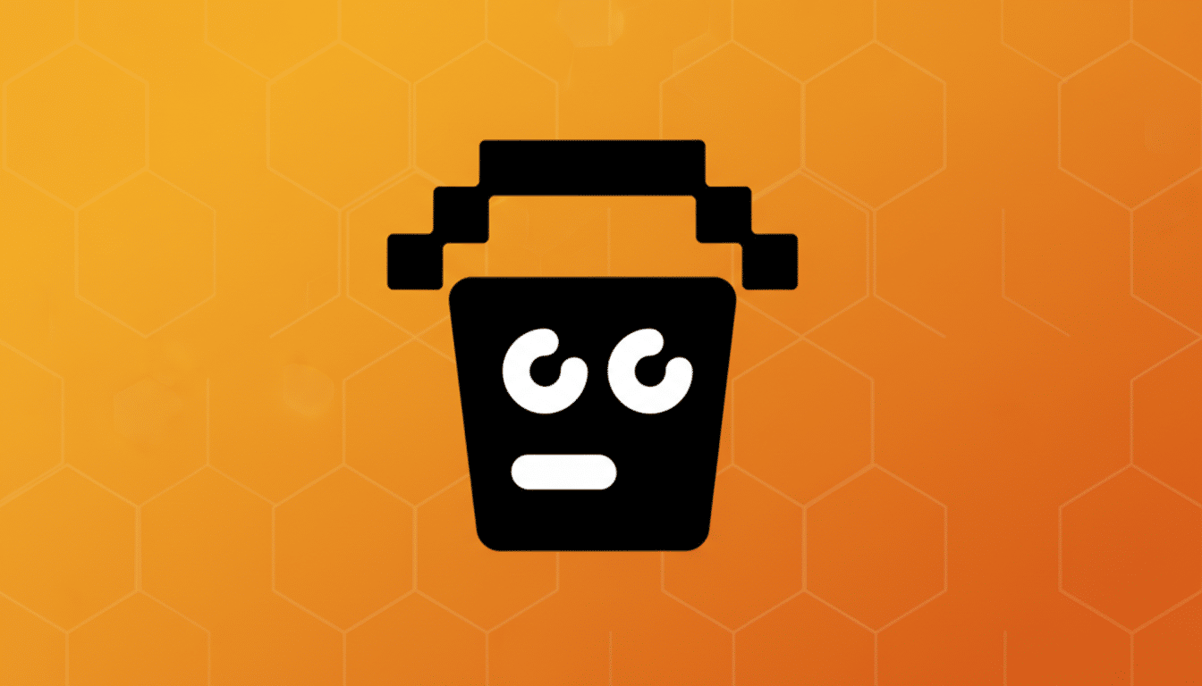 A black pixelated bucket icon with a face, set against an orange background with a subtle hexagonal pattern.
