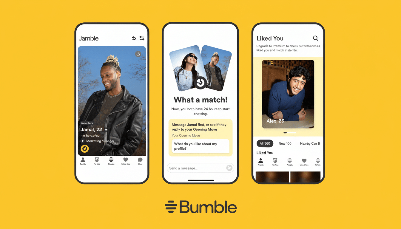 A 16:9 aspect ratio image showing three mobile phone screens displaying the Bumble dating app interface, with a Bumble logo at the bottom. The background is a solid yellow.