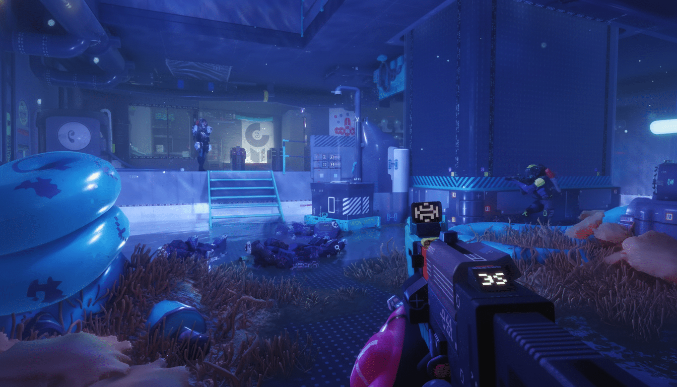 A first-person perspective in a futuristic, neon-lit environment, showing a weapon in the foreground and other characters in the background.