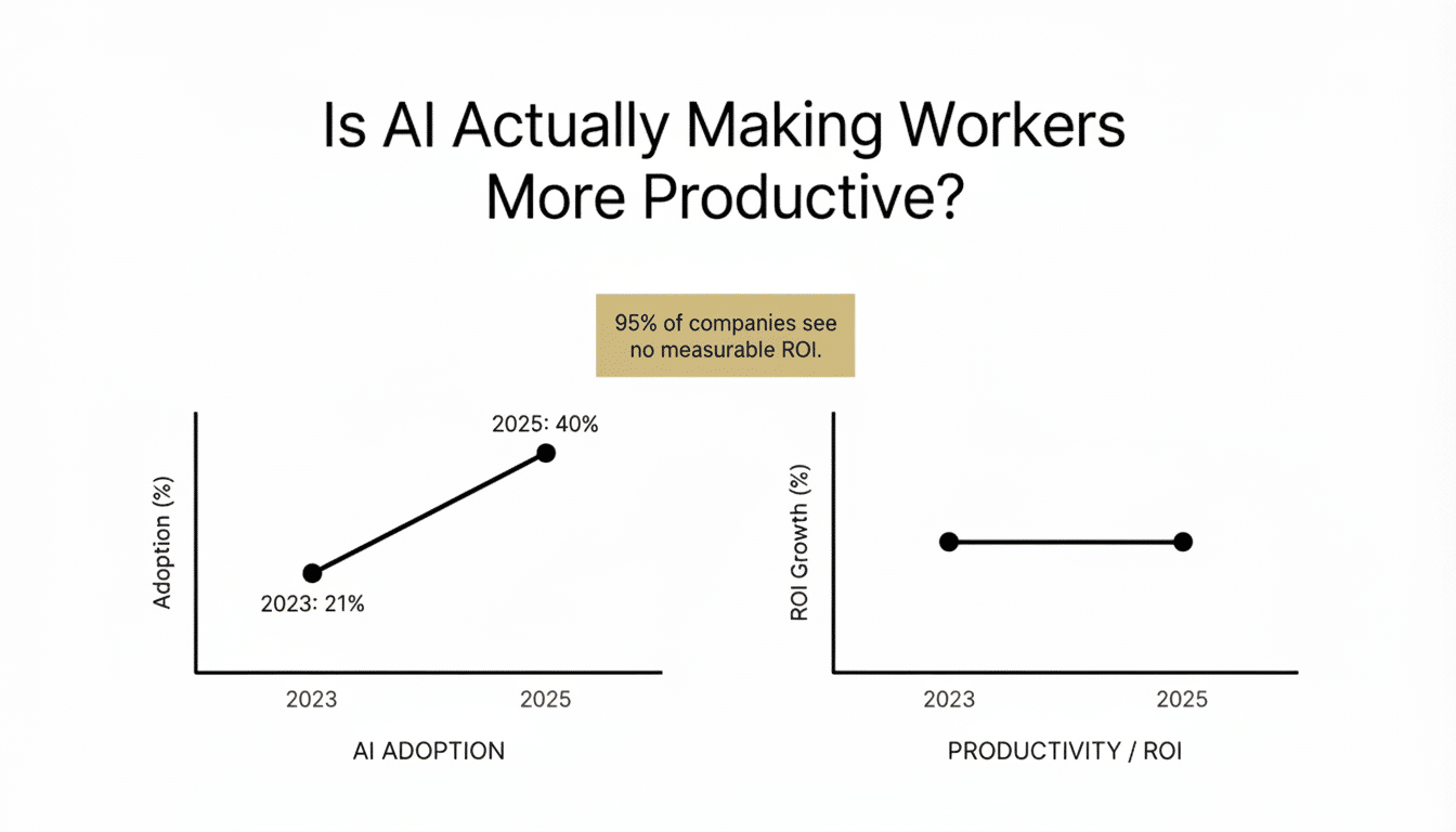 A slide titled Is AI Actually Making Workers More Productive? showing two graphs. The left graph, AI ADOPTION, shows adoption increasing from 21% in 2023 to 40% in 2025. The right graph, PRODUCTIVITY / ROI, shows no growth in ROI from 2023 to 2025. A text box states, 95% of companies see no measurable ROI.