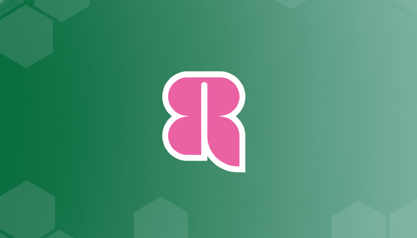 A pink and white stylized letter R logo on a green background with subtle hexagonal patterns and a gradient.