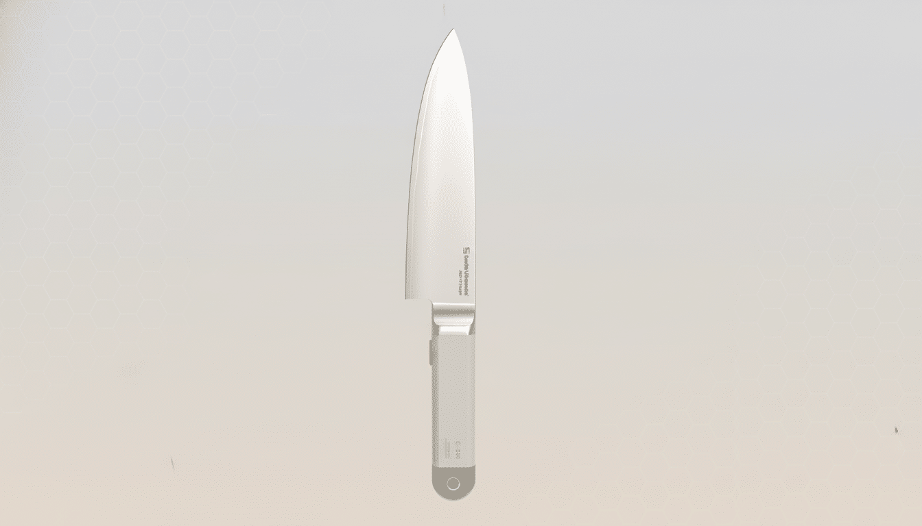 A professional chefs knife with a light grey handle and a silver blade, centered on a light grey background with a subtle hexagonal pattern.