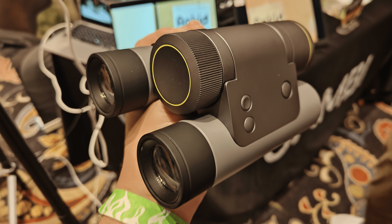A hand holding a pair of binoculars with a dark gray and light gray body, featuring a yellow ring around the focus wheel.