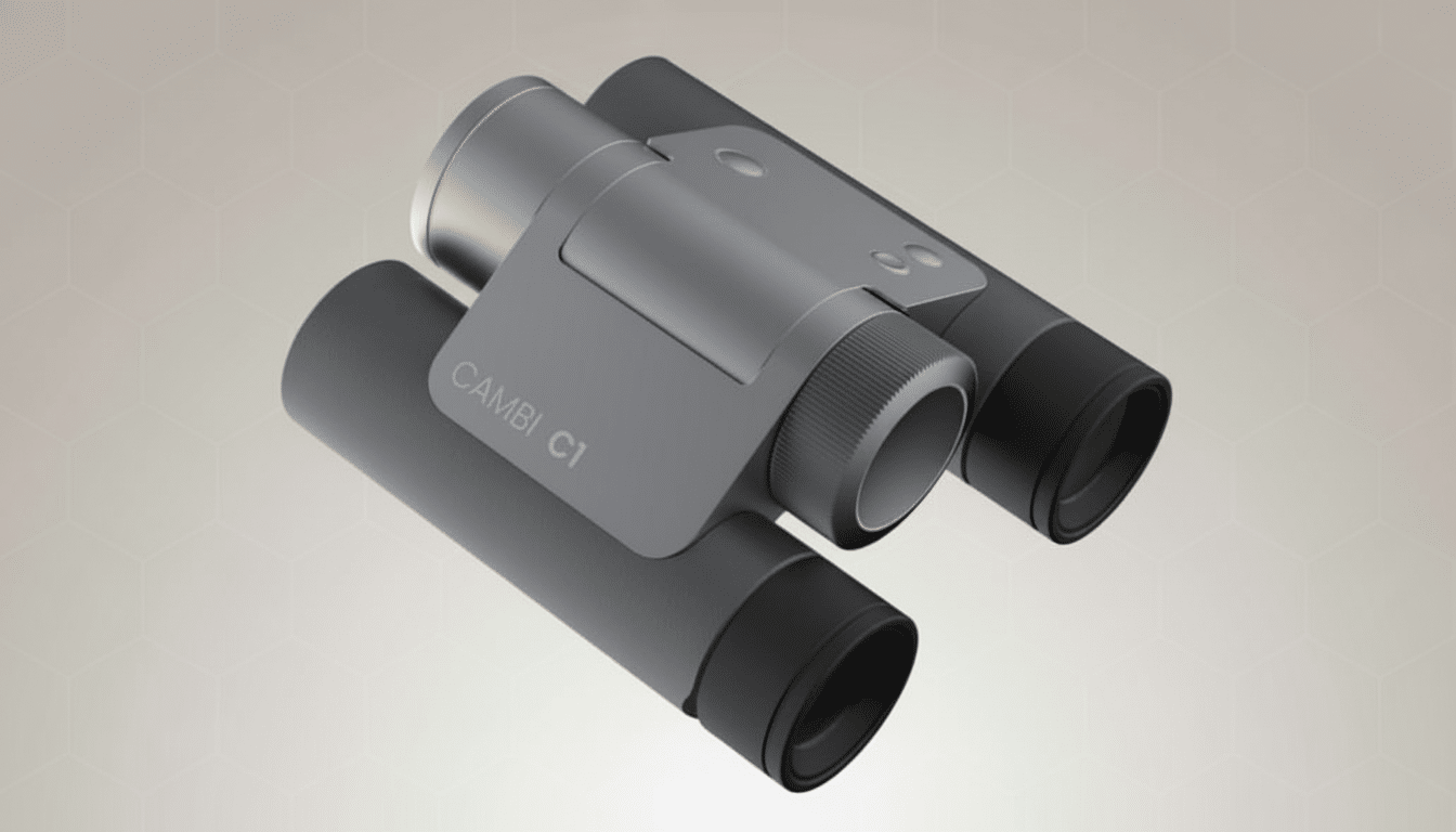 A pair of gray and black binoculars with CAMBI C1 written on the side, presented on a professional flat design background with soft hexagonal patterns.