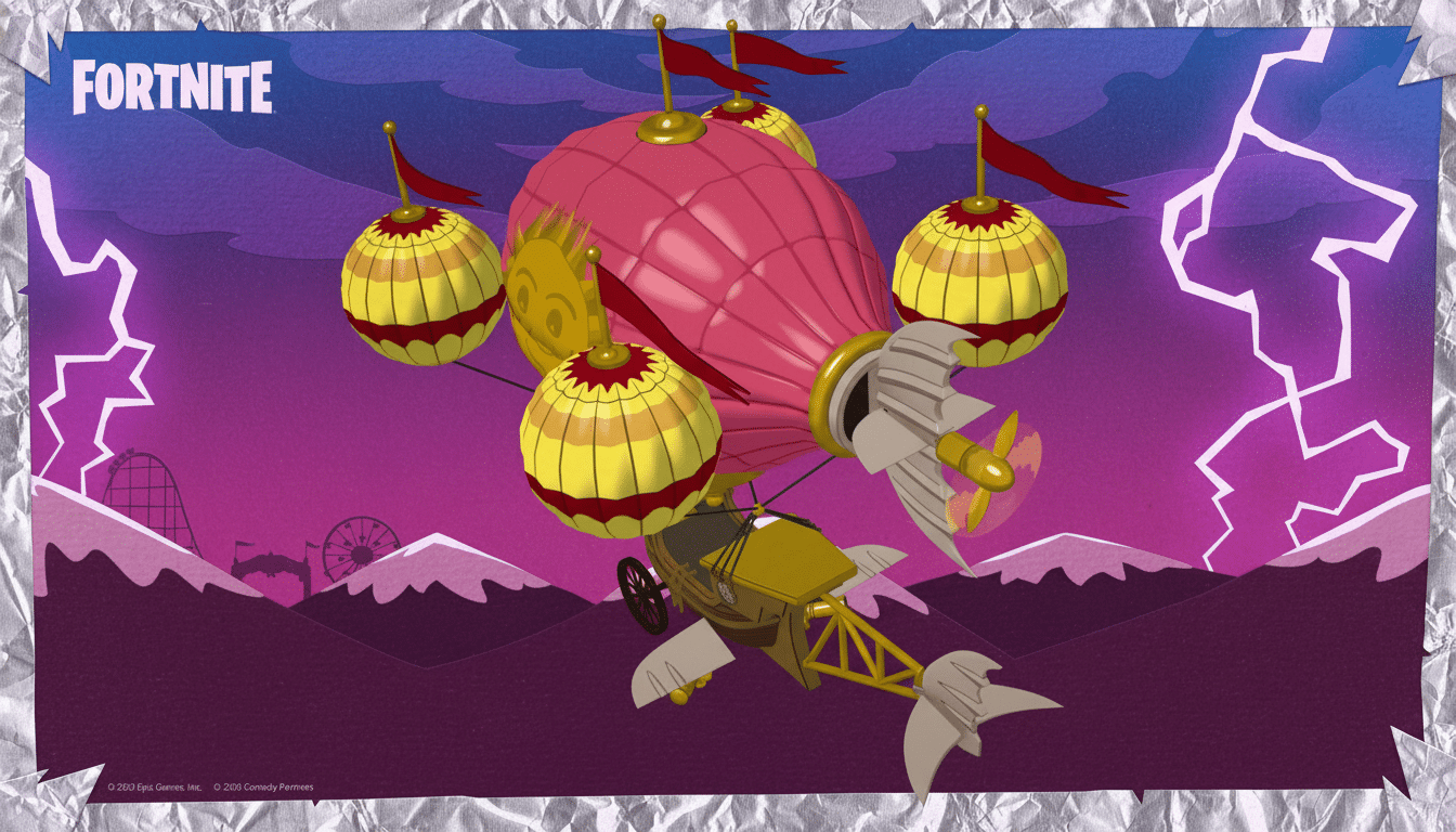 A Fortnite hot air balloon with a pink main balloon and four smaller yellow balloons, each with a red flag, flying over a purple landscape with lightning bolts.