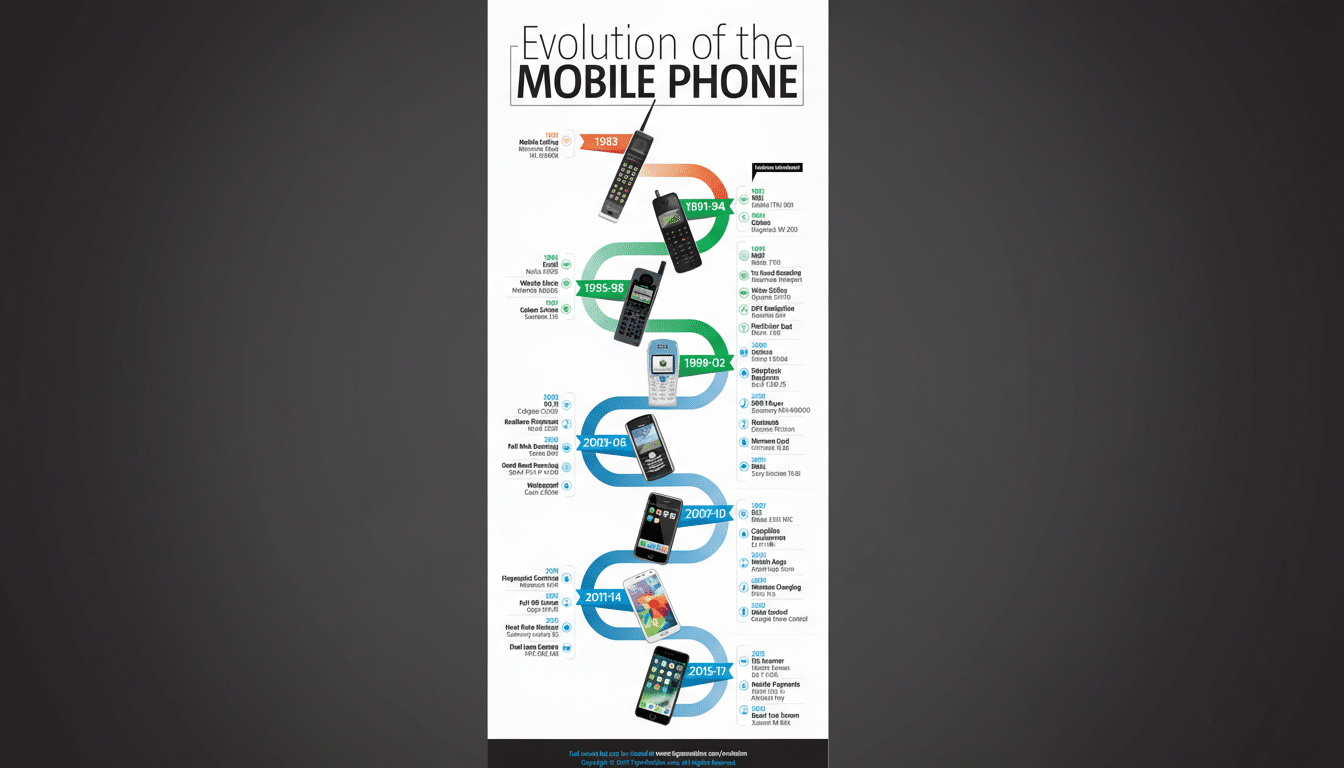 An infographic titled Evolution of the Mobile Phone showcasing various mobile phone models and their introduced features from 1983 to 2017, presented on a dark gray background with a 16:9 aspect ratio.