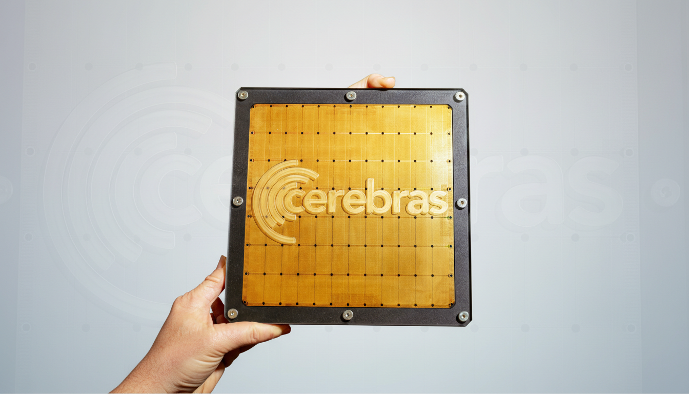 A hand holding a Cerebras Systems Wafer-Scale Engine, a large square chip with a golden surface and the Cerebras logo, presented against a professional light gray background with subtle circular patterns.