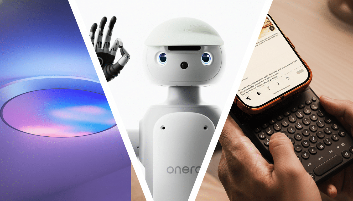 A triptych of technology images. On the left, a purple and blue abstract digital background. In the center, a white robot with a light green cap and blue eyes, with onero written below it. On the right, a persons hands holding a smartphone with a text editing interface open, connected to a small physical keyboard.