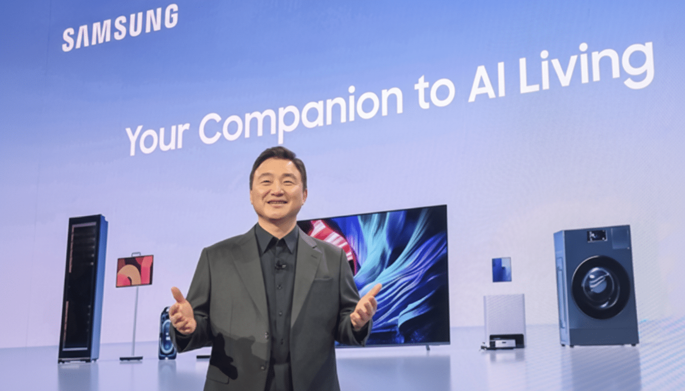 A man in a suit stands on a stage in front of a large screen displaying SAMSUNG Your Companion to AI Living, with various Samsung appliances and electronics arranged around him.