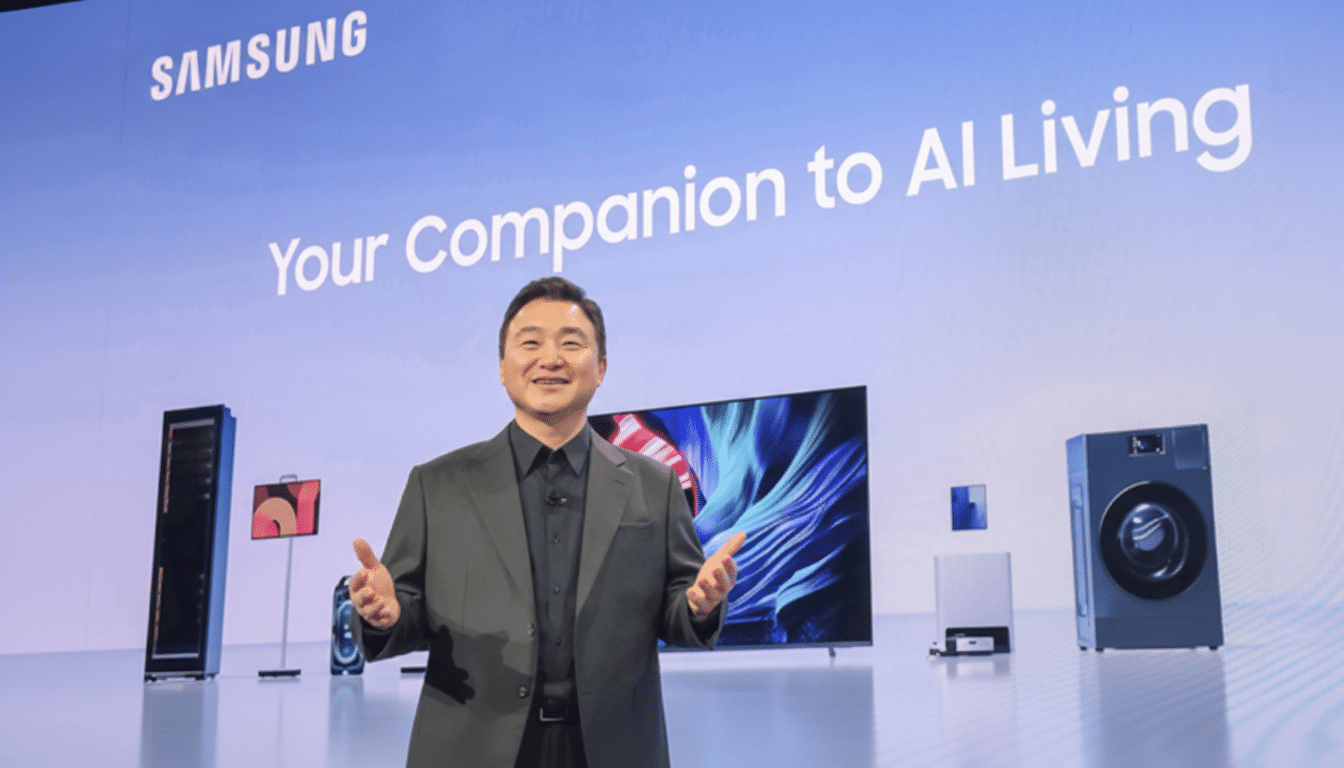 A man in a suit stands on a stage with a large screen behind him displaying SAMSUNG Your Companion to AI Living, surrounded by various Samsung smart home appliances.