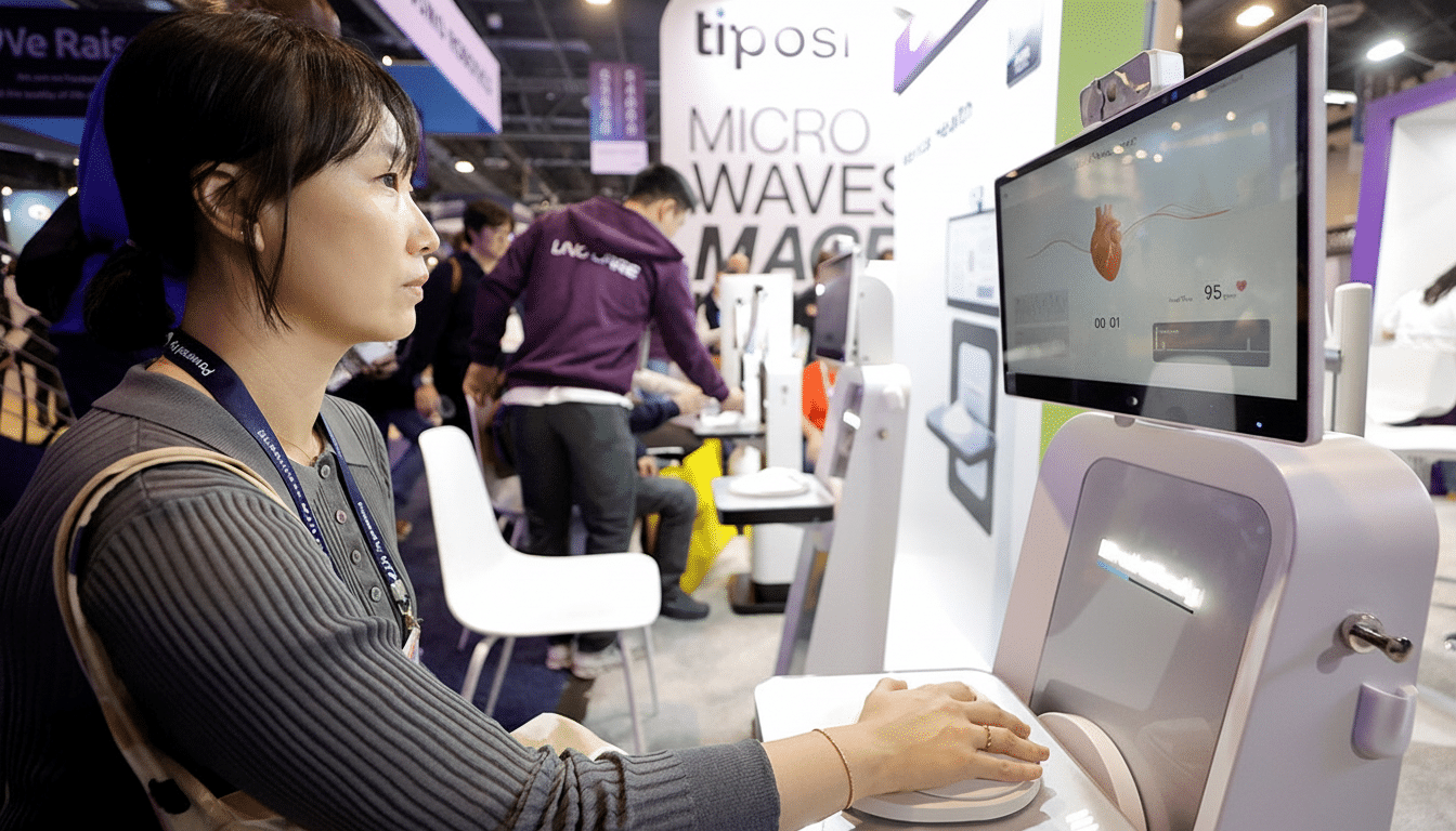 A woman interacting with a medical device that displays a heart rate on its screen, with a blurred background of a trade show.