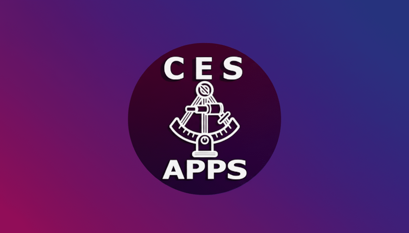 A 16:9 aspect ratio image featuring the CES APPS logo. The logo is a white outline of a sextant instrument, centered within a dark purple circle. The words CES are above the sextant and APPS are below it, both in white capital letters. The background is a gradient from purple on the left to blue on the right.