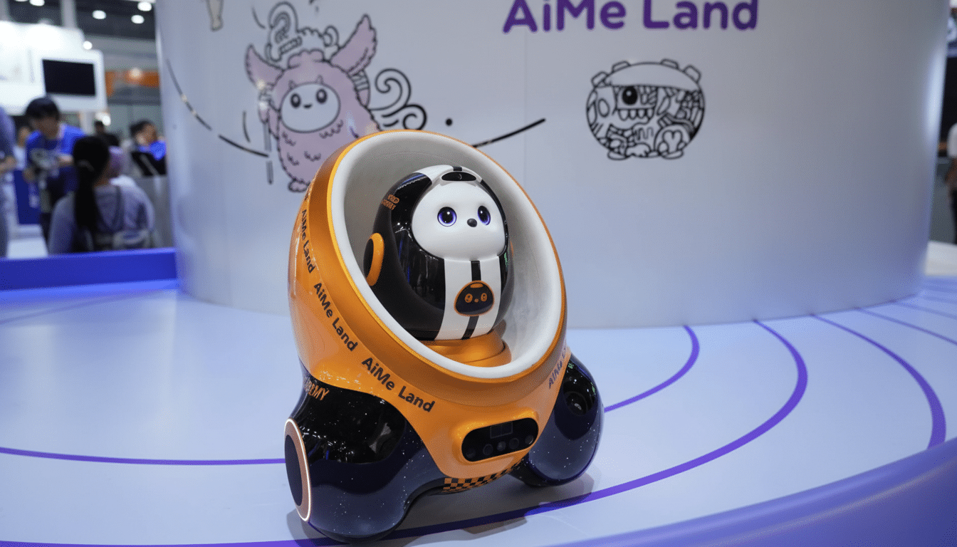 A cute, black and white robot with large, expressive eyes, encased in an orange and black shell, displayed on a white platform with a purple track.