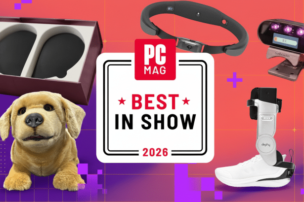 A collage of various tech gadgets, including a robotic dog, a sleep tracking headband, a foot brace, and a device with purple lights, all surrounding a PC Mag Best in Show 2026 badge.