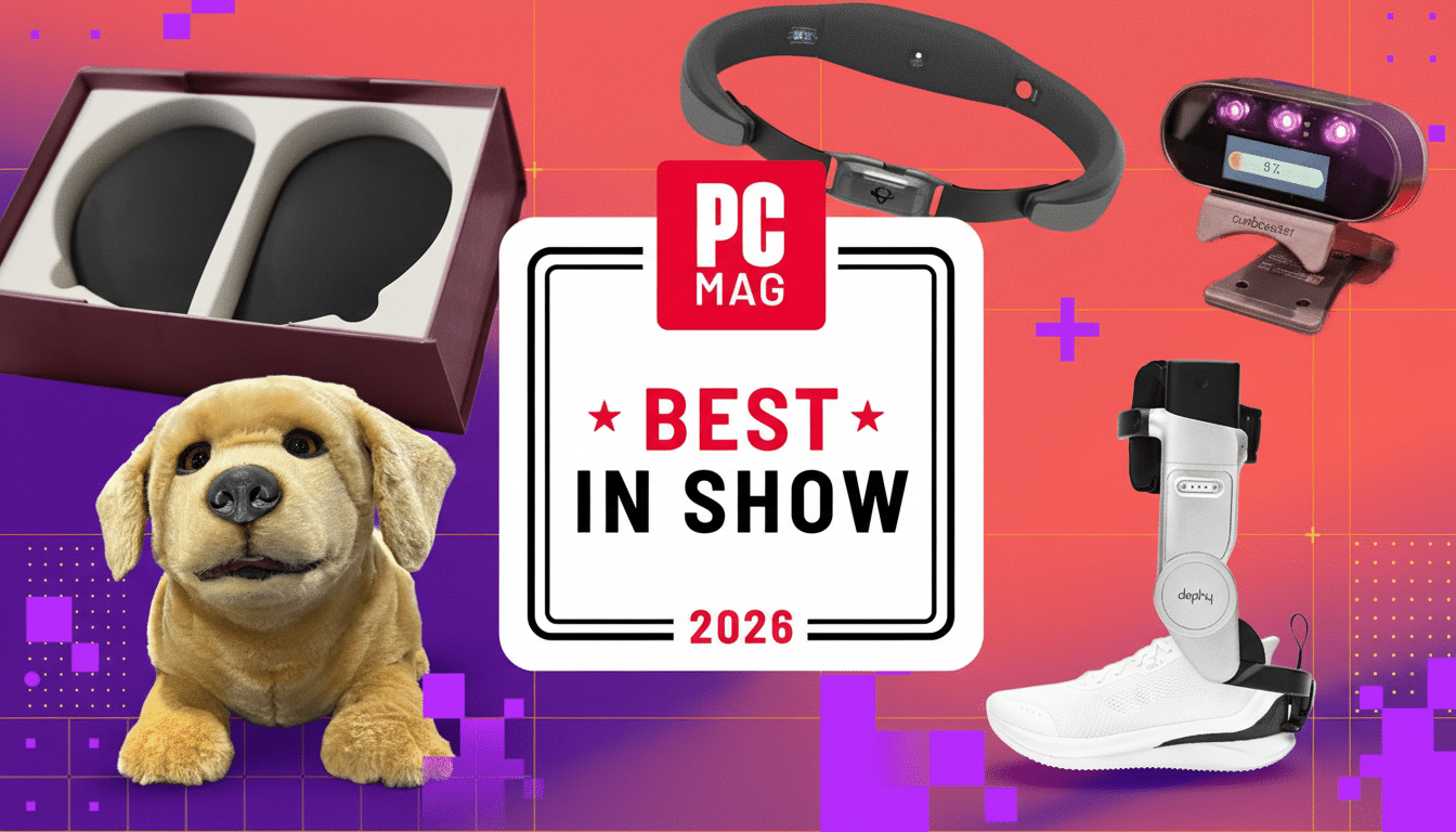 A collage of various tech gadgets, including a robotic dog, a sleep tracking headband, a foot brace, and a device with purple lights, all surrounding a PC Mag Best in Show 2026 badge.