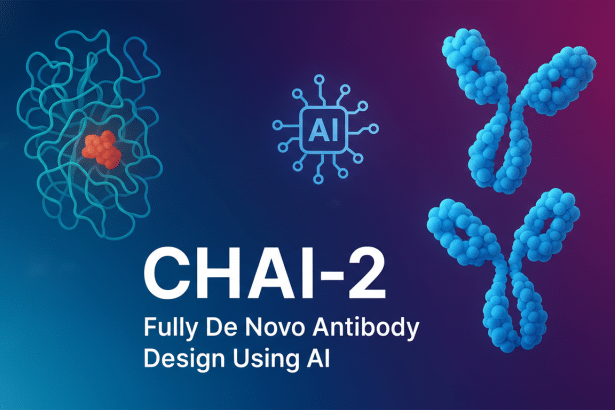 A professional graphic with a blue and purple gradient background, featuring a teal molecular structure with an orange cluster, an AI chip icon, and two blue antibody structures. The text CHAI-2 Fully De Novo Antibody Design Using AI is prominently displayed in white.
