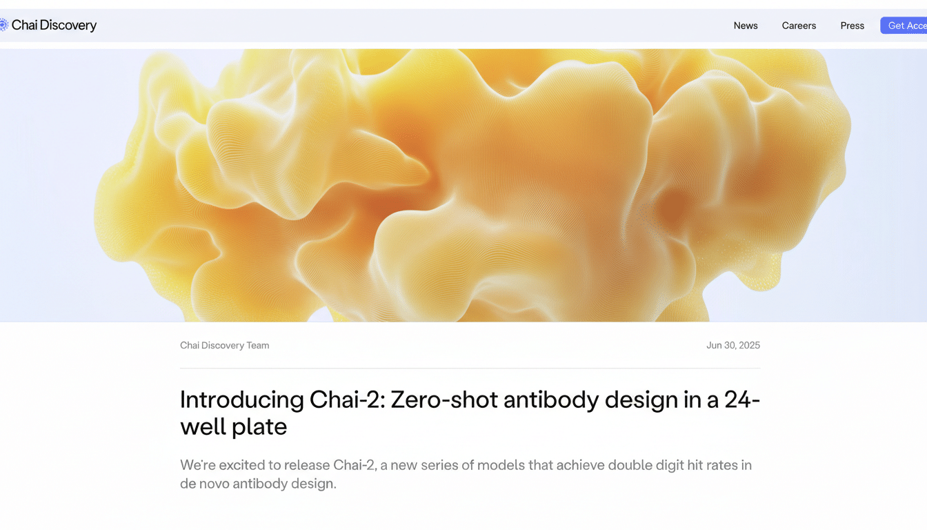 A professional image of the Chai Discovery website, featuring a large, abstract, yellow, organic shape against a light background, with the headline Introducing Chai-2: Zero-shot antibody design in a 24-well plate.