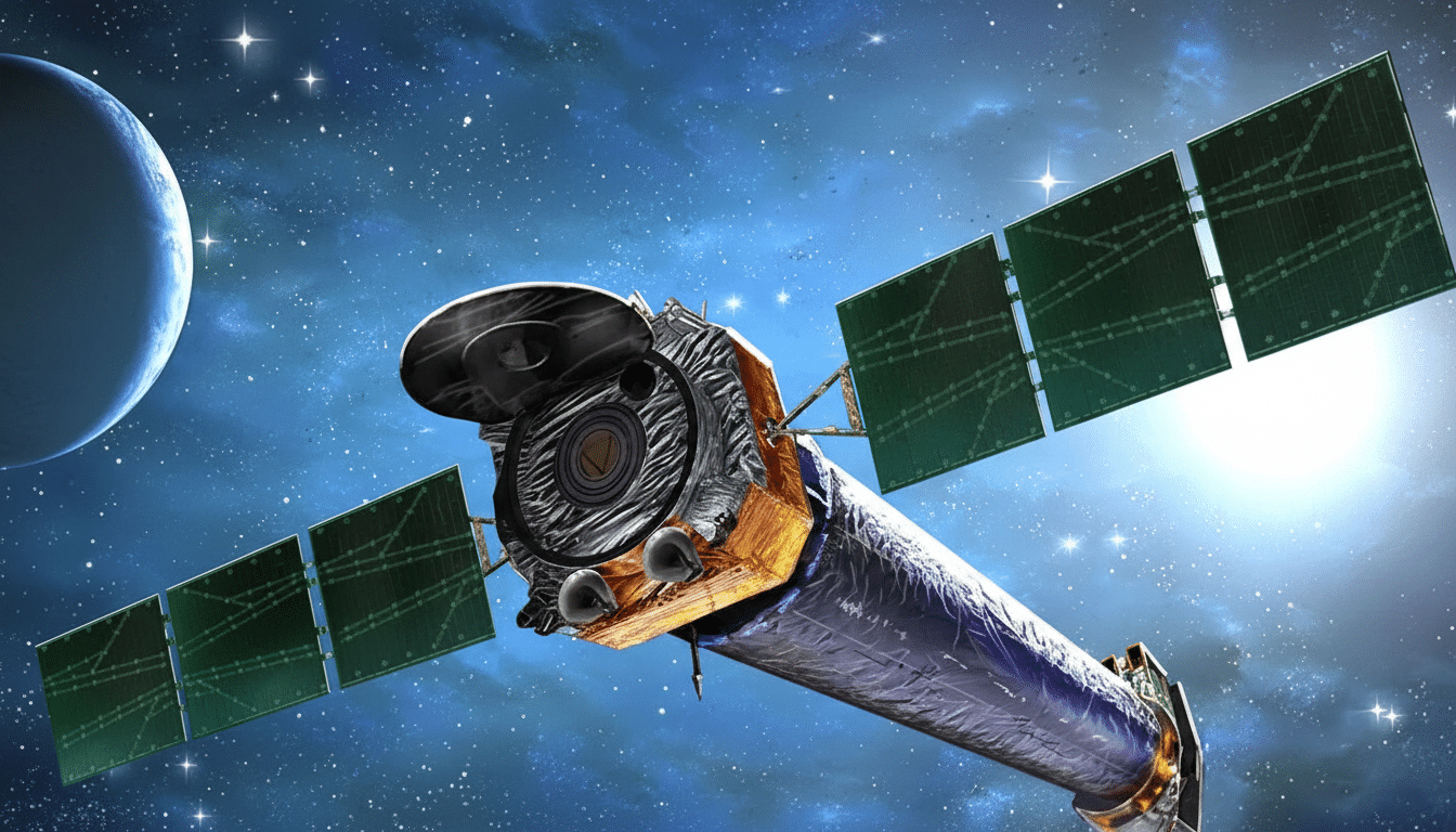 A space telescope with solar panels extended, orbiting near a planet with a starry blue and purple nebula background.