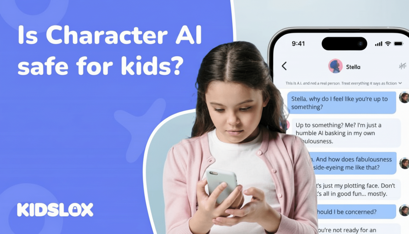 A young girl looking at her phone, with a chat interface on the right side of the image, and text on the left asking Is Character AI safe for kids?