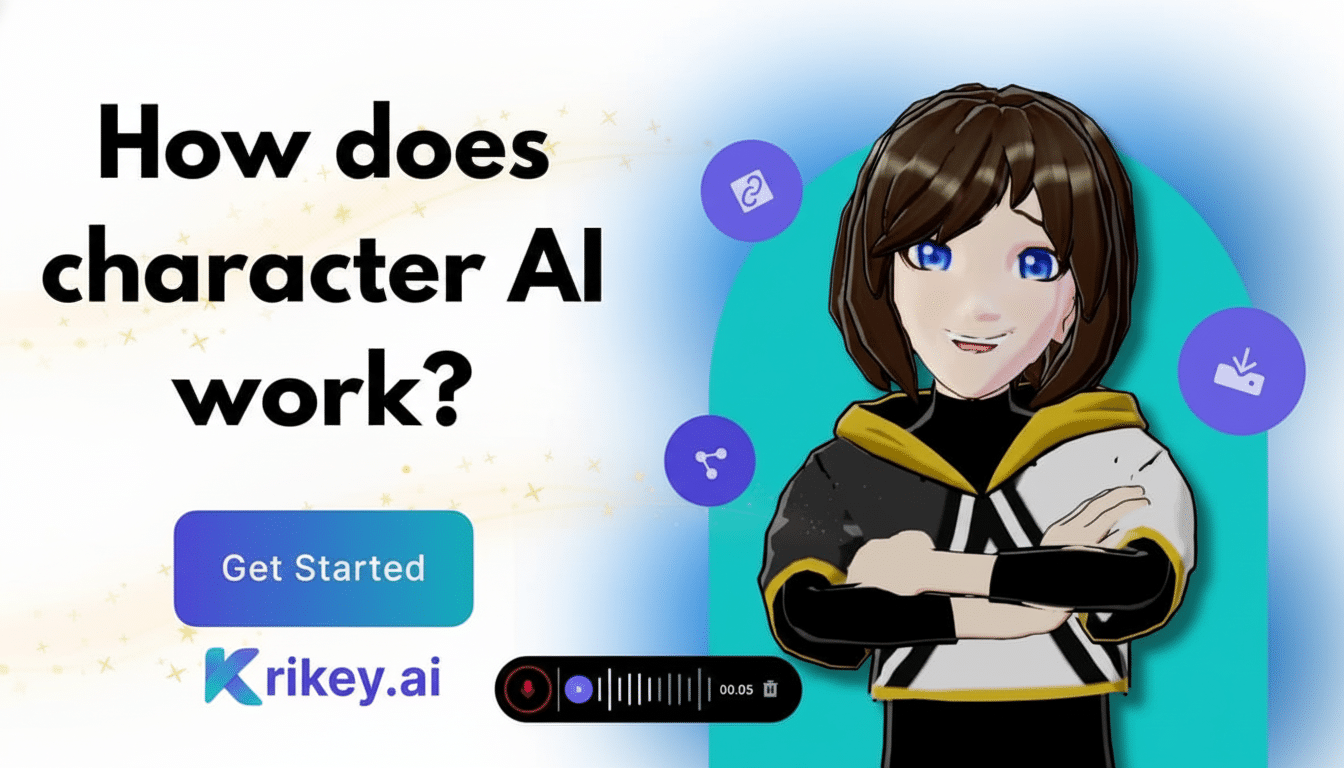 A 16:9 aspect ratio image with the text How does character AI work? and a Get Started button. On the right, a stylized character with brown hair and blue eyes stands with arms crossed. Below, the KRIKEY.AI logo and a sound wave graphic are visible.