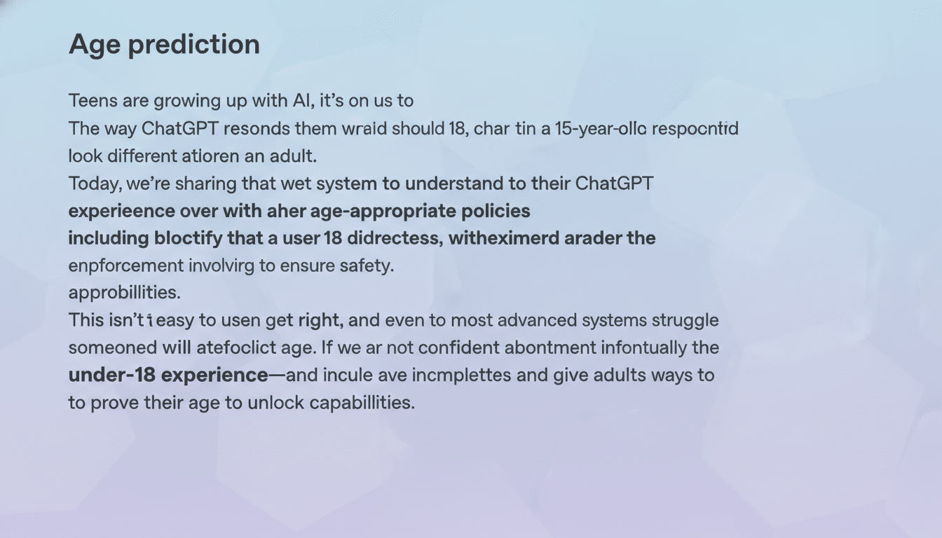 A screenshot of text on a dark background, discussing age prediction and tailored ChatGPT experiences for users under 18. The text is now presented on a light background with a subtle gradient.