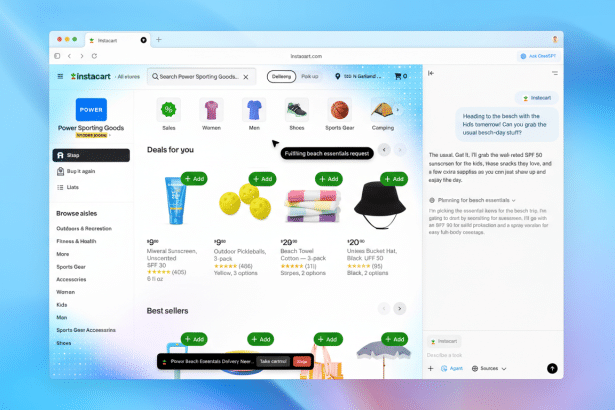 A screenshot of the Instacart website on a desktop browser, displaying a Deals for you section with various beach essentials like sunscreen, pickleballs, beach towels, and a bucket hat. The aspect ratio has been adjusted to 16:9.