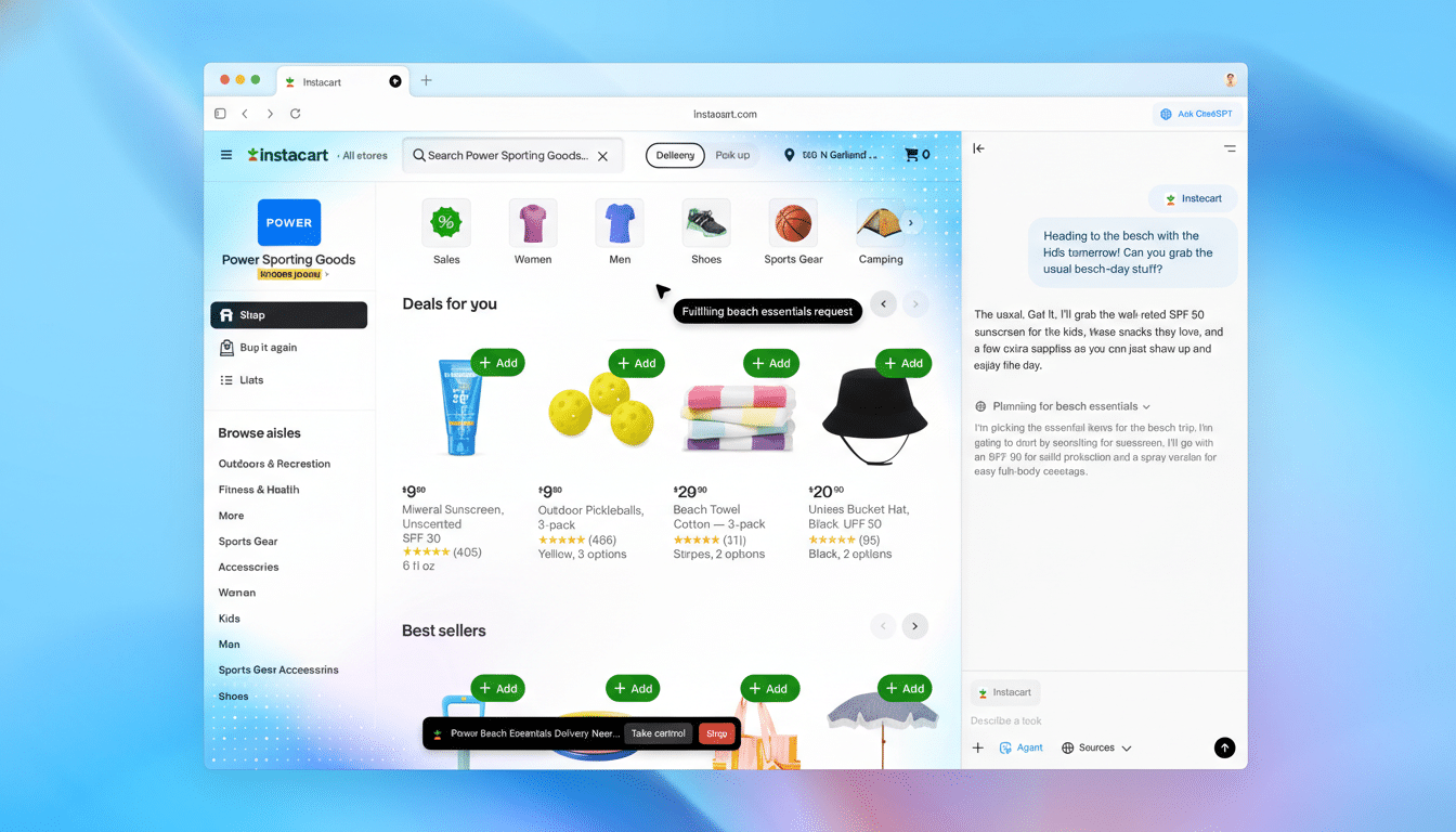 A screenshot of the Instacart website on a desktop browser, displaying a Deals for you section with various beach essentials like sunscreen, pickleballs, beach towels, and a bucket hat. The aspect ratio has been adjusted to 16:9.