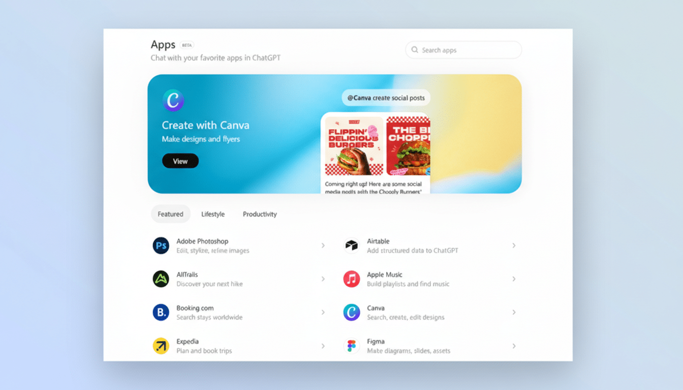 A screenshot of the ChatGPT app store interface, featuring a Create with Canva app card prominently displayed with burger images, and a list of other apps like Adobe Photoshop, AllTrails, Booking.com, Expedia, Airtable, Apple Music, Canva, and Figma.