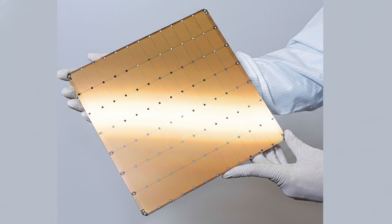 A person in white gloves and a lab coat holds a large, square, golden-brown circuit board with a grid of small, dark dots and lighter circles.