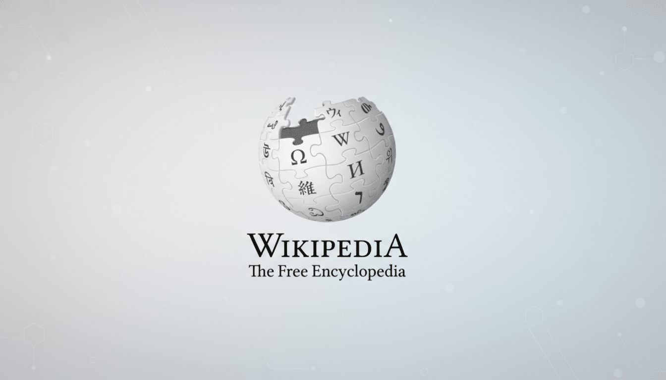 The Wikipedia logo, a globe made of puzzle pieces with various characters, above the word Wikipedia and the tagline The Free Encyclopedia, set against a professional flat design background with soft patterns.