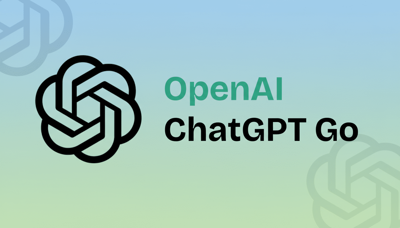 The OpenAI logo and text OpenAI ChatGPT Go on a professional flat design background with soft blue and green gradients and subtle, faded OpenAI logos in the corners.